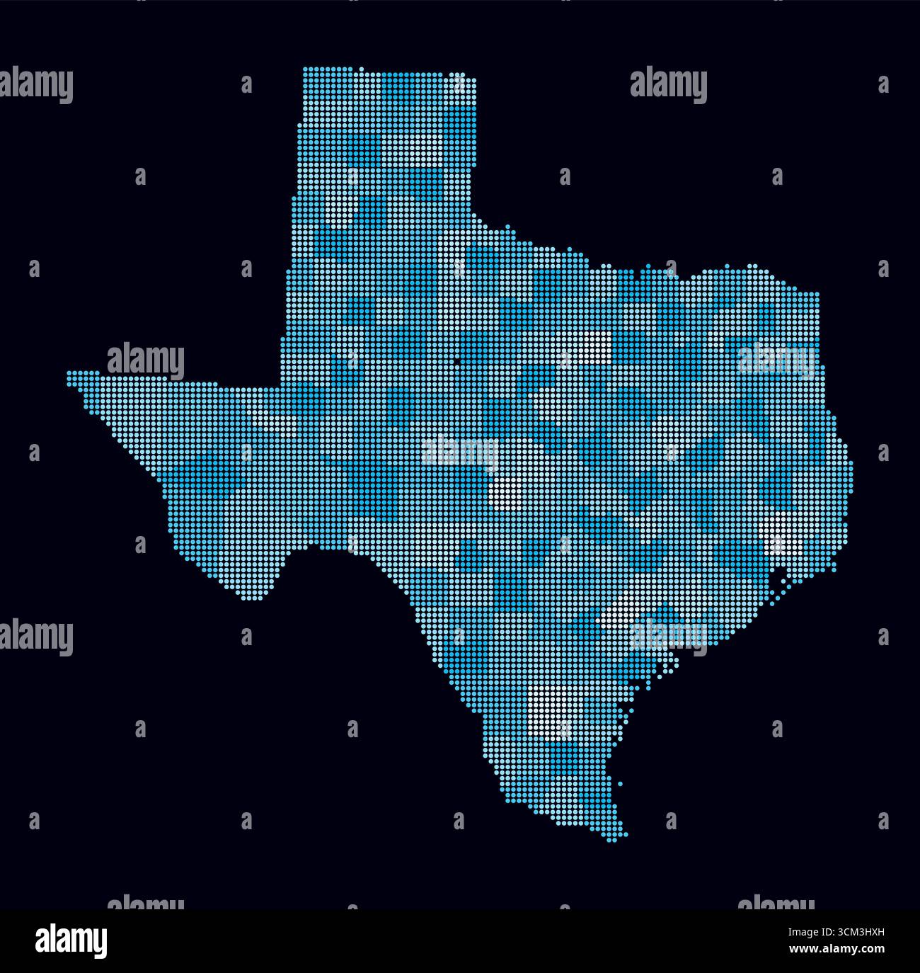 Mappa tratteggiata del Texas. Mappa digitale dello stato su sfondo scuro. Forma texana con punti circolari. Stile puntini colorati. Cerchi di piccole dimensioni. Illustrazione Vettoriale