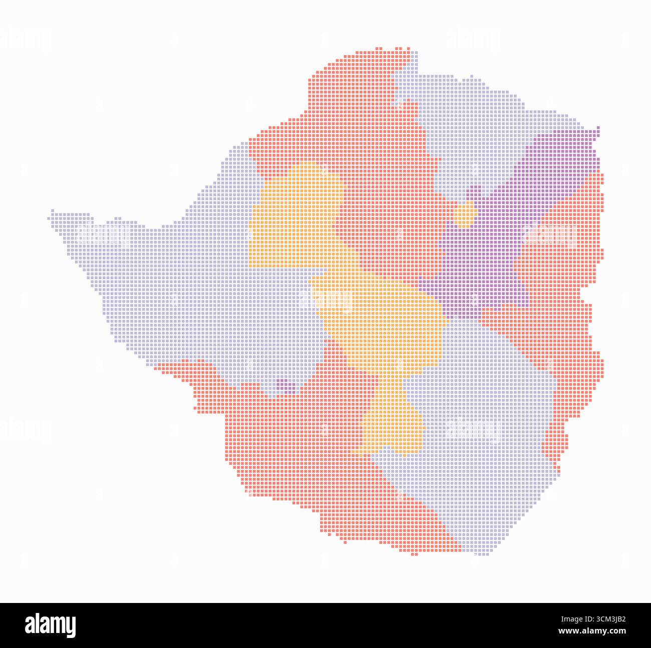 Mappa punteggiata dello Zimbabwe. Mappa digitale del paese su sfondo bianco. Forma dello Zimbabwe con punti quadrati. Stile puntini colorati. Quadrati di piccole dimensioni. Illustrazione Vettoriale