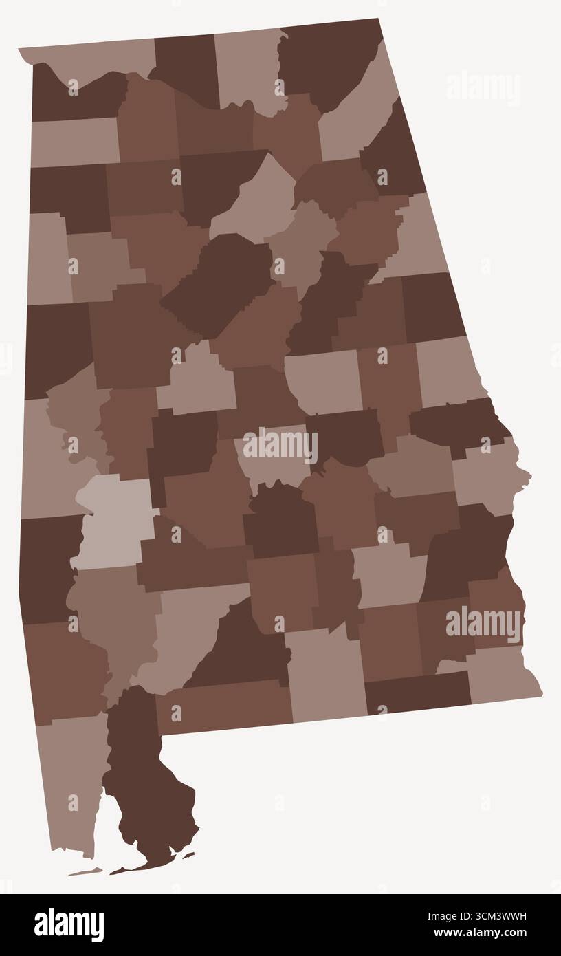 Mappa dell'Alabama con le contee. Solo una semplice mappa del confine di stato con la divisione della contea. Tavolozza dei colori marrone. Illustrazione Vettoriale
