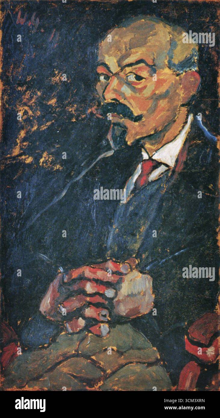 Kriegskamerad (collega soldato), 1917. Olio su tela. Lavoro di Walter Gramatté. Pittura espressionista che raffigura un individuo in una posa contemplativa, con colori vivaci e pennellate audaci che evocano un senso di introspezione e profondità artistica su uno sfondo astratto testurizzato. Foto Stock