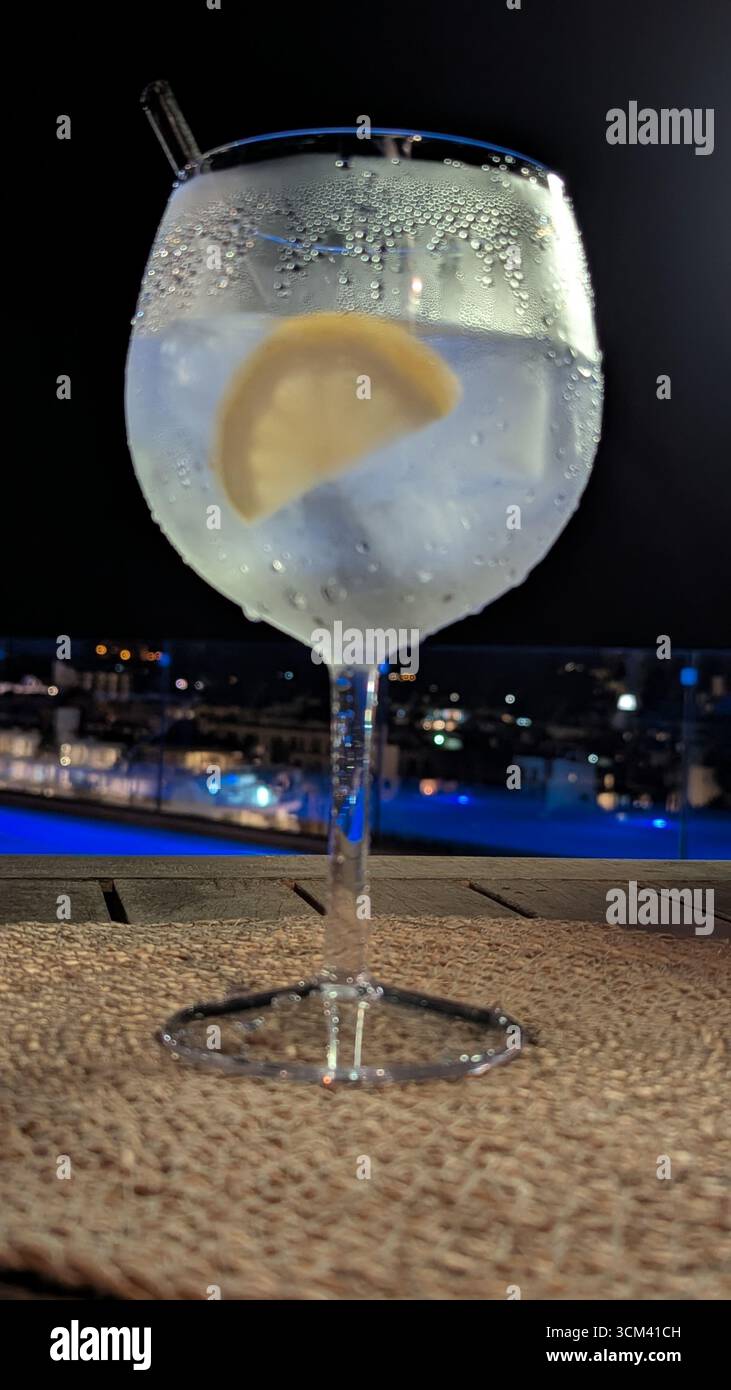 Gin tonic con ghiaccio, cuneo e paglia. Foto Stock