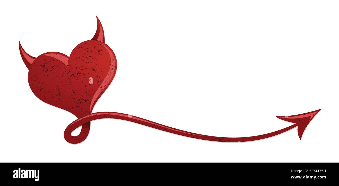 Il simbolo del cuore del diavolo con corna e coda. Illustrazione Vettoriale
