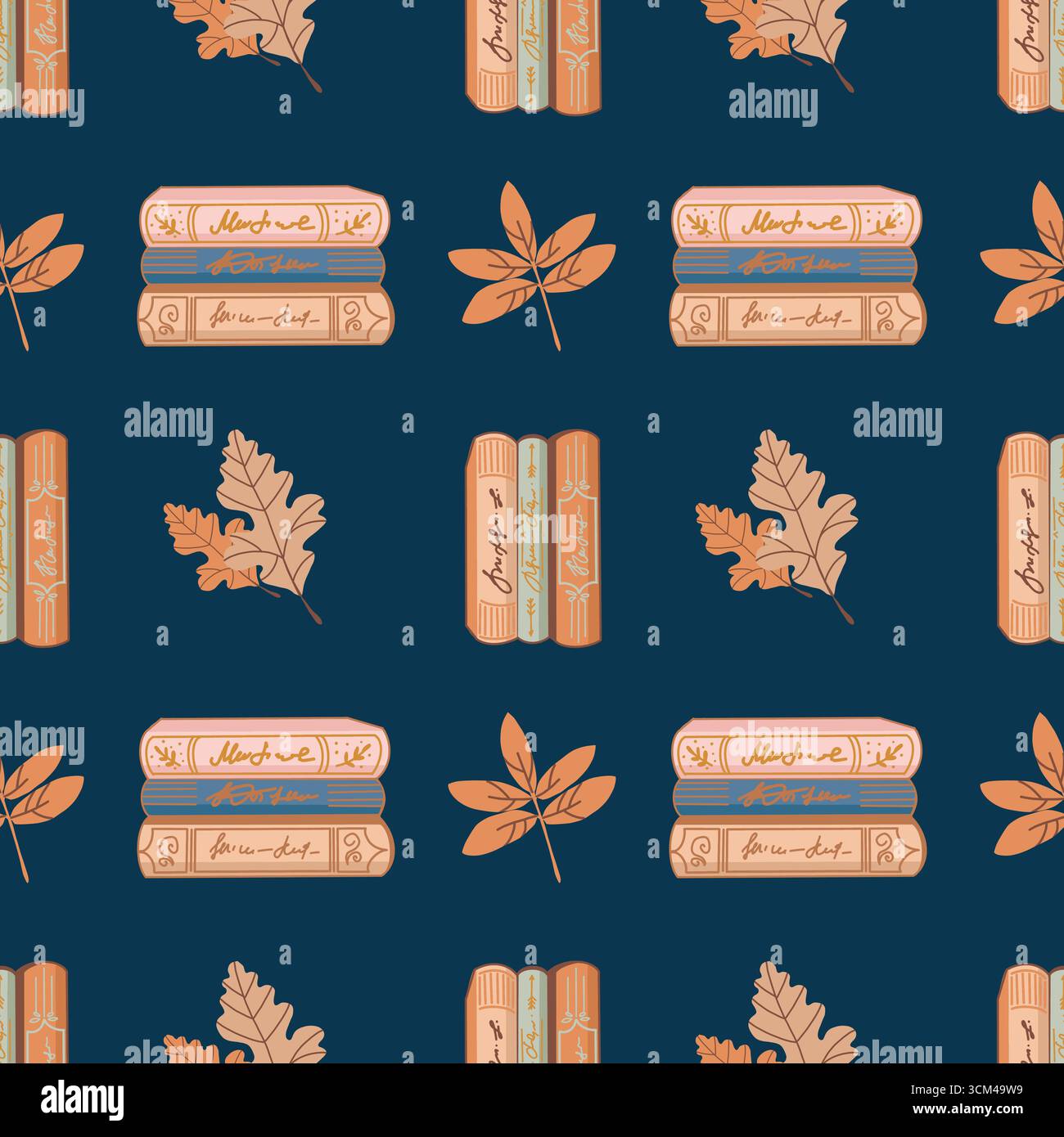 Motivo vettoriale senza cuciture con libri e foglie autunnali. Modello autunnale. Cartoni animati disegnati a mano graziosa e accogliente illustrazione di diversi libri su sfondo blu scuro. Sfondo per design, tessuto, imballaggio, scrapbooking. Illustrazione vettoriale Illustrazione Vettoriale