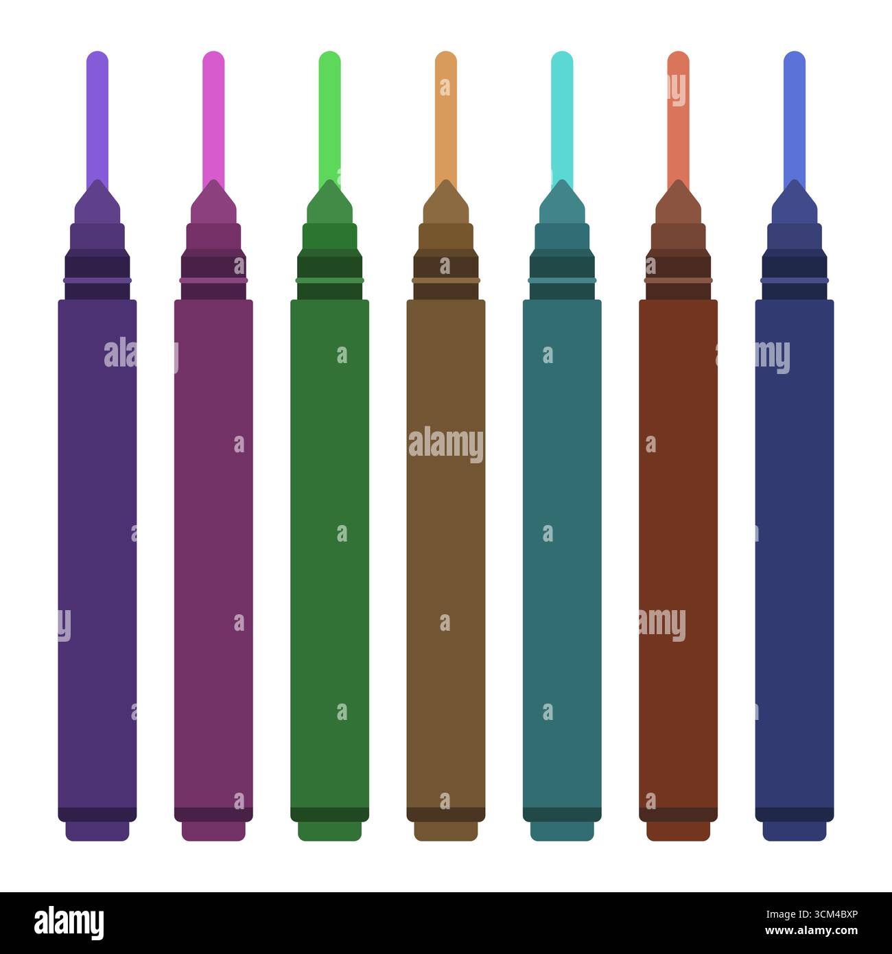 Set di pennarelli colorati con tratti di inchiostro. Ideale per materiali scolastici, illustrazioni di forniture per ufficio, progetti di design, temi legati all'arte. Illustrazione Vettoriale