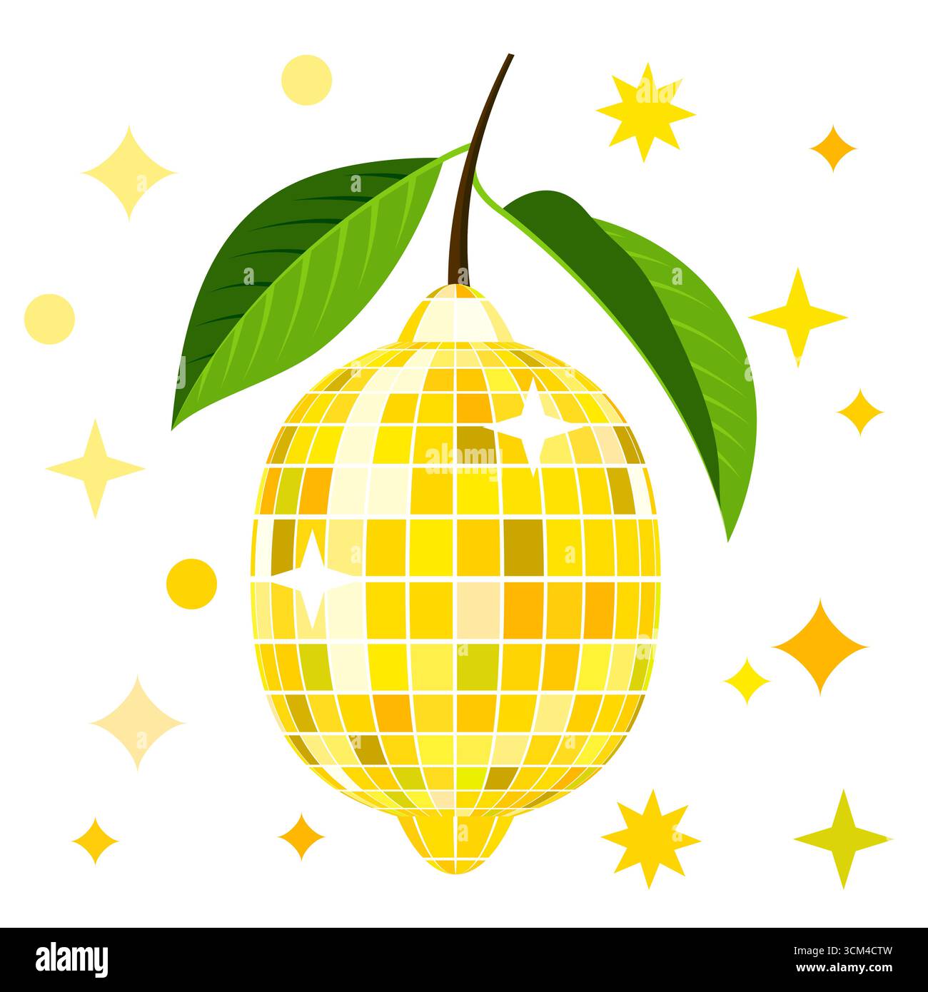 Illustrazione vettoriale alla moda del limone con texture da disco a specchio. Arte tropicale di agrumi isolata su sfondo bianco. Design per feste, estate Illustrazione Vettoriale