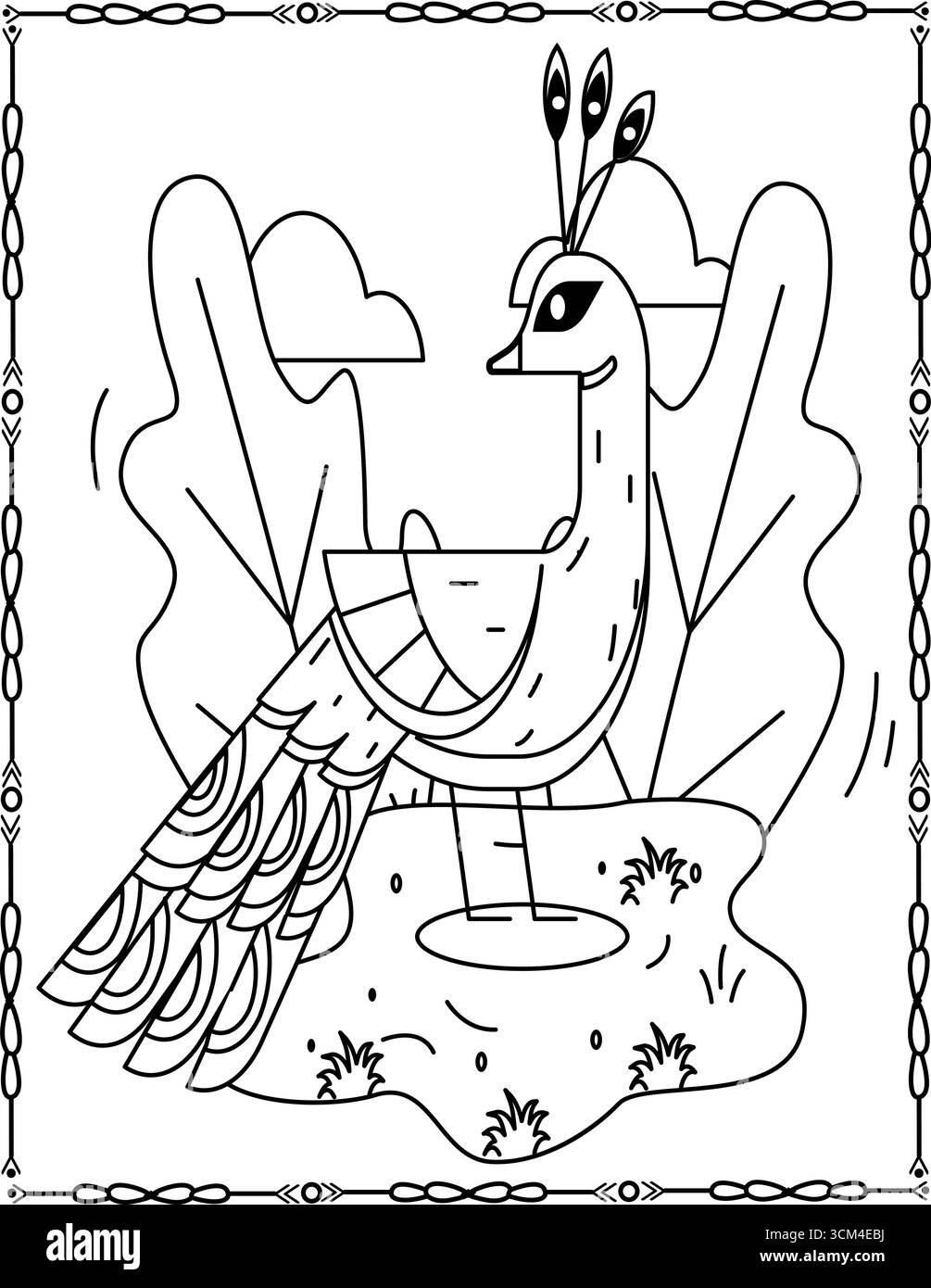 Pavone cartoni animati che cammina con grazia in un giardino con alberi, piante, una recinzione di legno e un piccolo capannone sullo sfondo, in una graziosa illustrazione in linea d'arte f Illustrazione Vettoriale