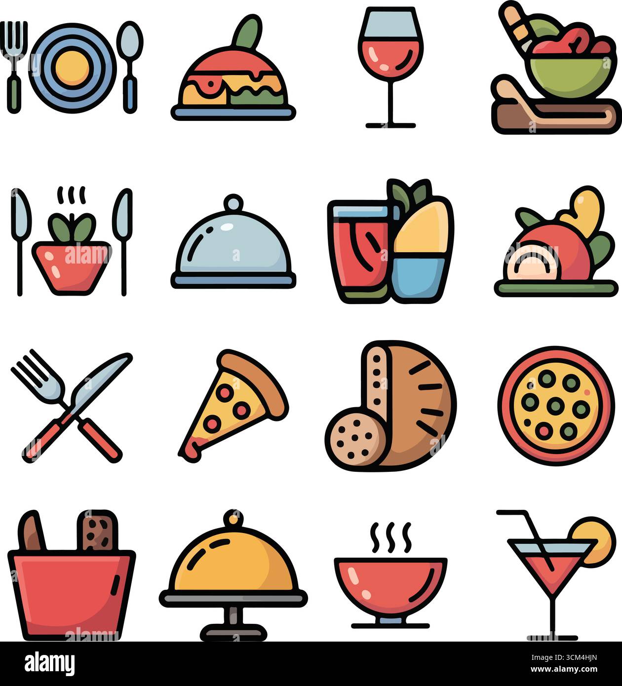 Deliziose icone culinarie ambientate in illustrazioni in stile piatto con cibi e bevande colorate Illustrazione Vettoriale