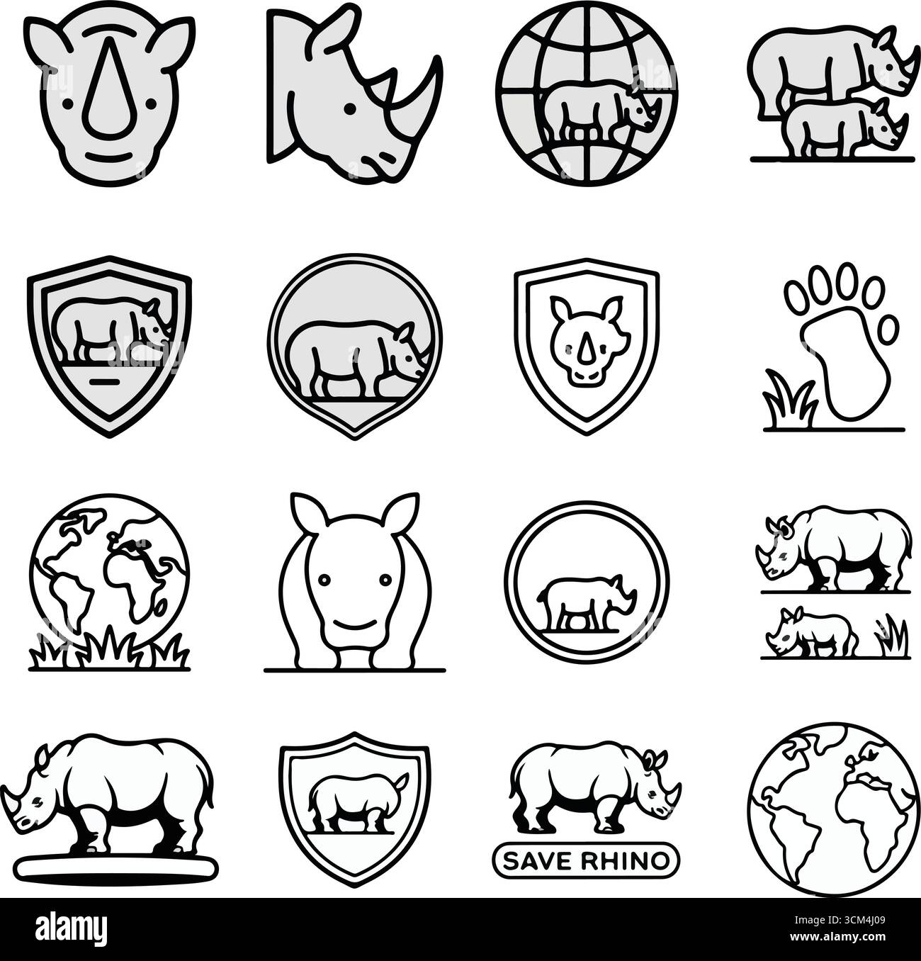 Icone della conservazione del rinoceronte ambientate in illustrazioni disegnate a mano con protezione della fauna selvatica in pericolo e simboli di rinoceronti Illustrazione Vettoriale
