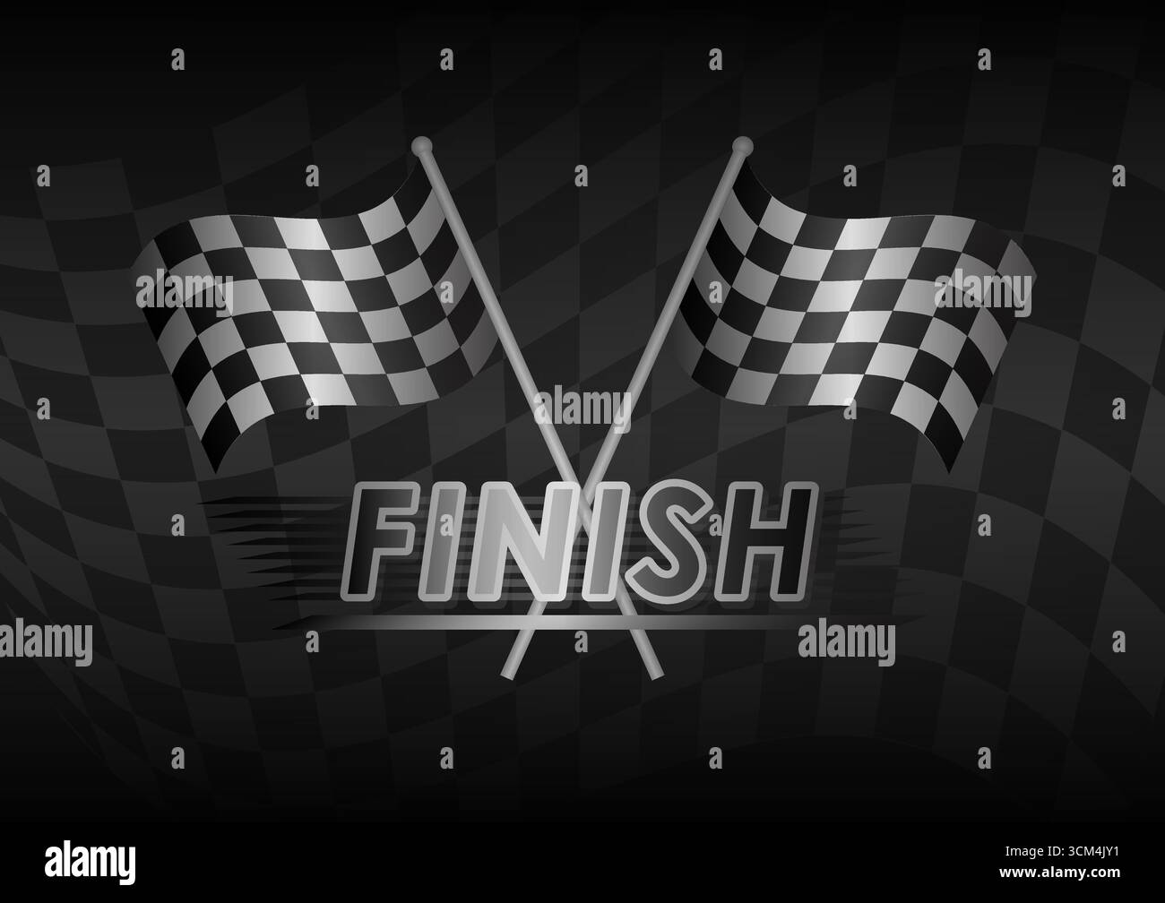 Fine. Sfondo di gara con concetto Finish Text. Bandiera a scacchi da corsa. Concetto di corse automobilistiche. Illustrazione vettoriale. Illustrazione Vettoriale