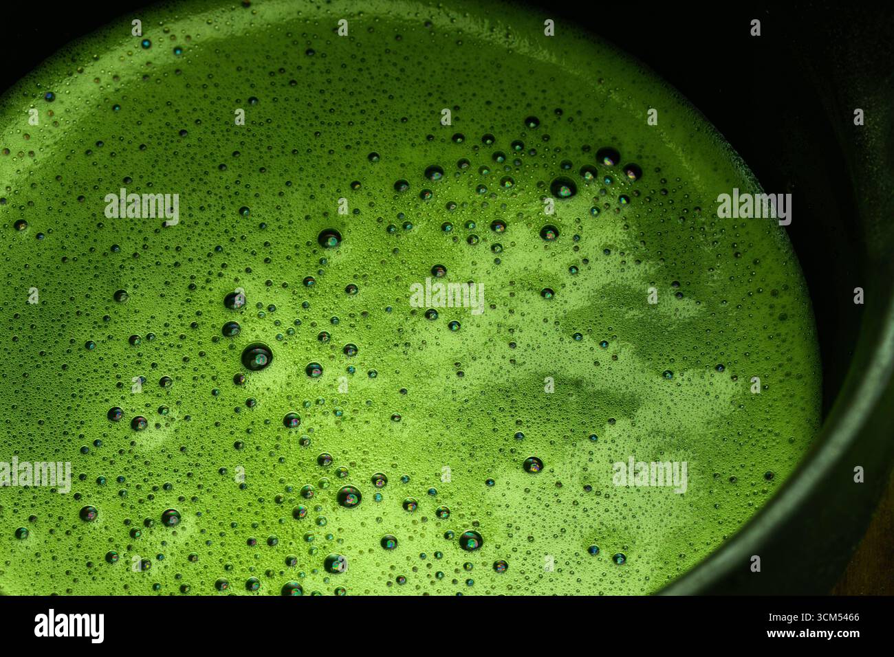 Vivace schiuma Matcha. Primo piano di matcha appena sfornato con schiuma Foto Stock