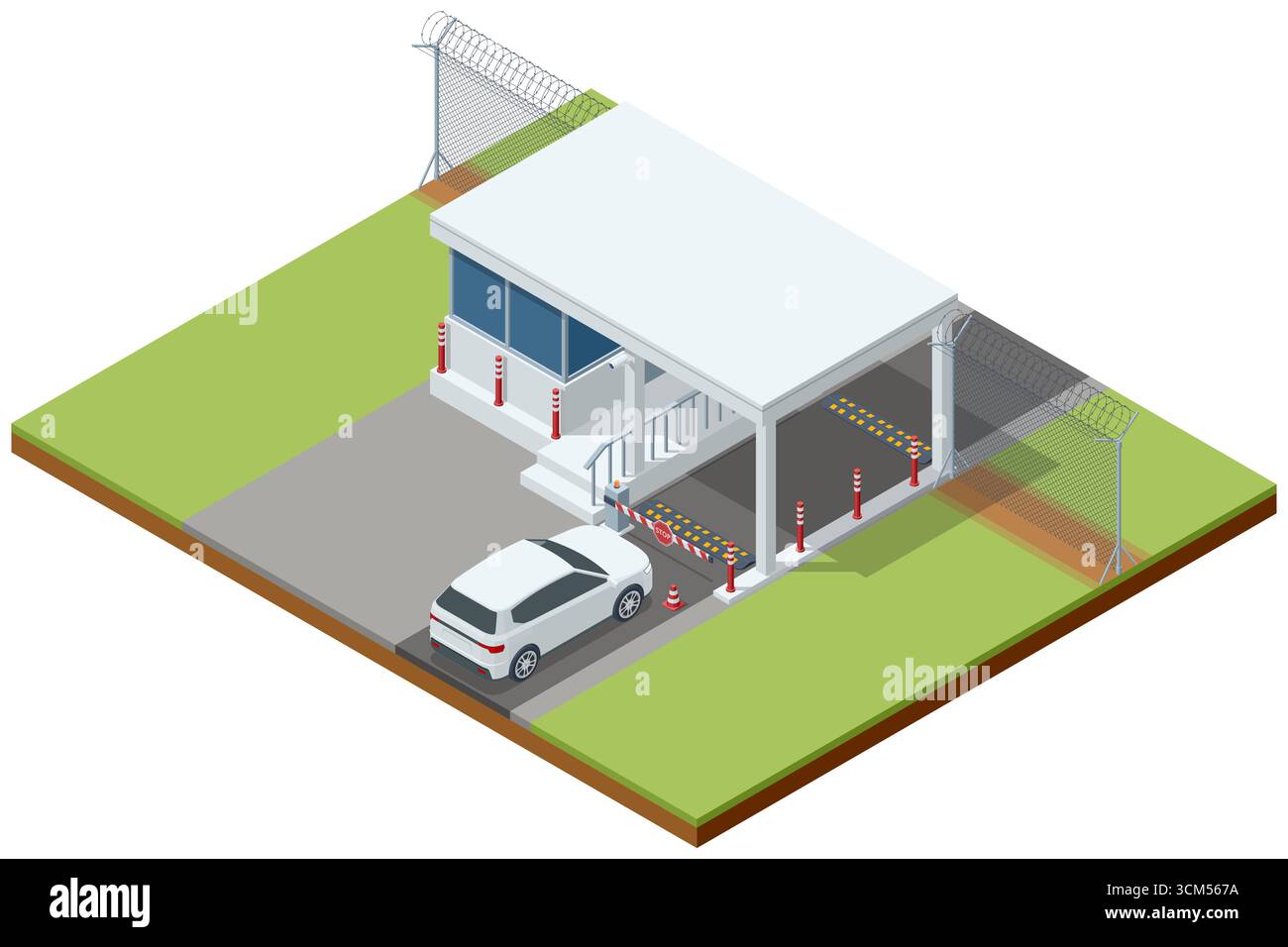 Scanner isometrico per auto a raggi X. Il sistema di scansione radiologica mobile viene utilizzato contro il contrabbando. Controllo doganale al punto di controllo di frontiera. Illustrazione Vettoriale