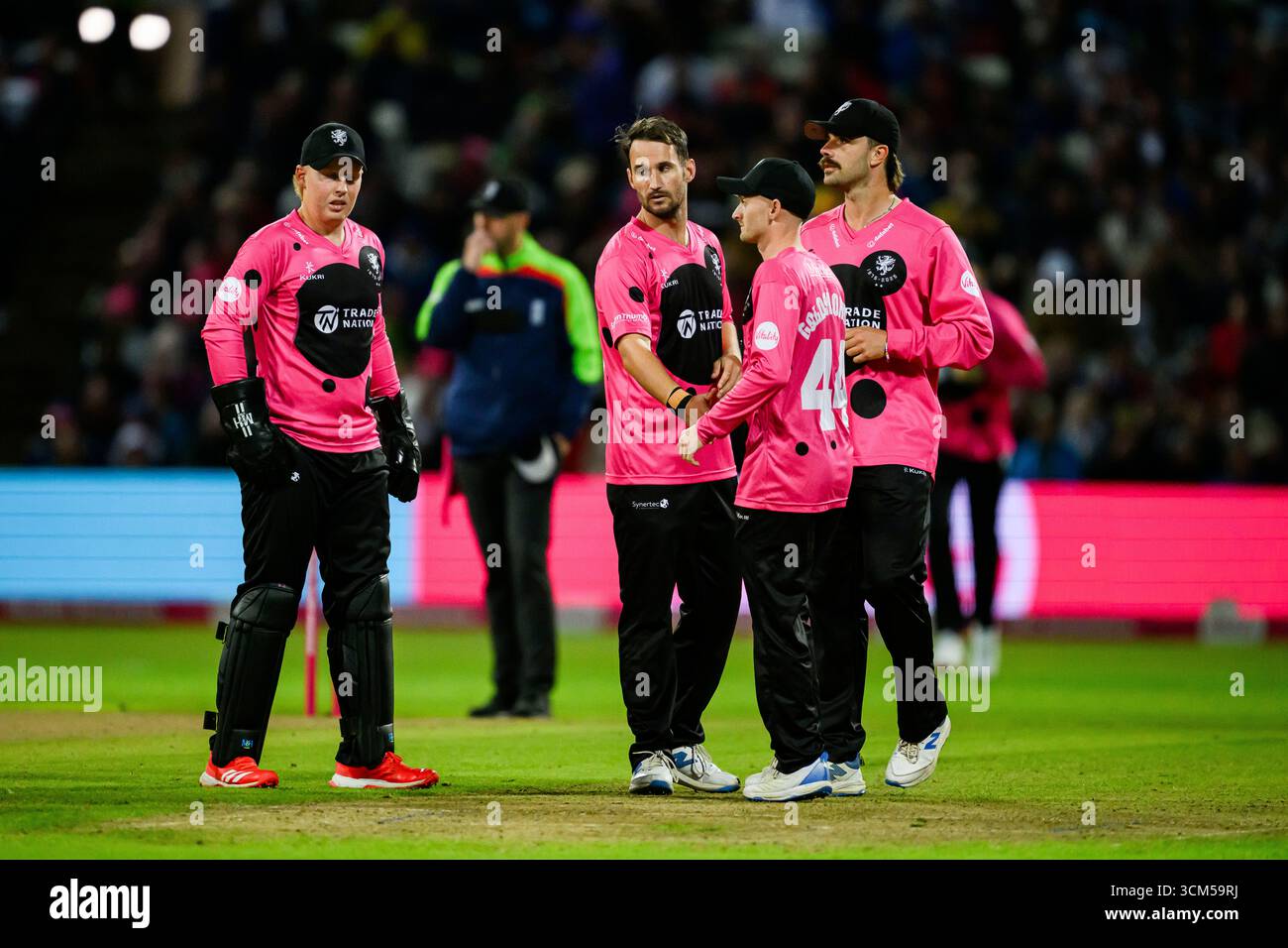WARWICKSHIRE, REGNO UNITO. 13 settembre: Lewis Gregory del Somerset Cricket Club (capitano) (centro) festeggia con i compagni di squadra dopo aver preso il via Toby Albert degli Hampshire Hawks durante Hampshire Hawks vs Somerset - Vitality Blast Final all'Edgbaston Cricket Ground sabato 13 settembre 2025 nel WARWICKSHIRE, REGNO UNITO. Crediti: Taka Wu/Alamy Live News Foto Stock