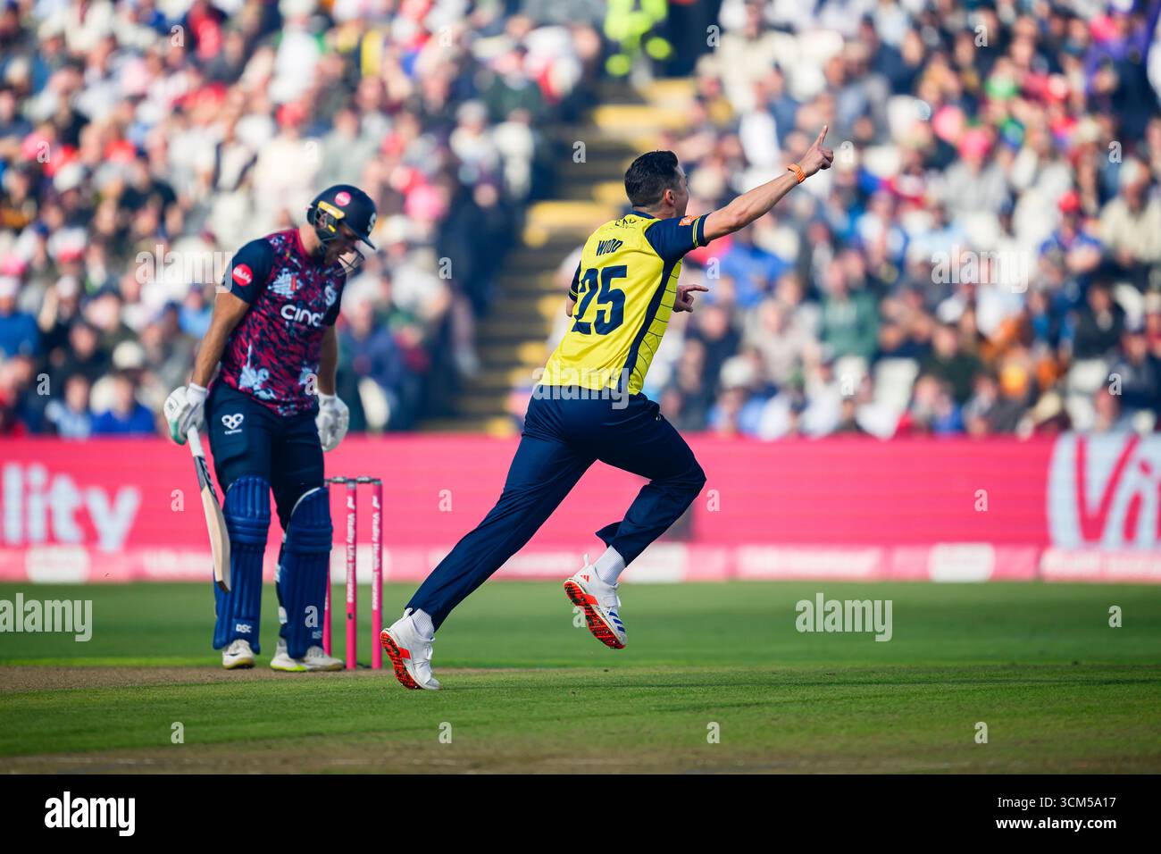 ZzxWARWICKSHIRE, REGNO UNITO. 13 settembre: Chris Wood degli Hampshire Hawks celebra dopo aver licenziato David Willey del Northamptonshire Steelbacks (capitano) catturato da Toby Albert degli Hampshire Hawks durante Northamptonshire Steelbacks vs Hampshire Hawks - Vitality Blast semifinale all'Edgbaston Cricket Ground sabato 13 settembre 2025 a WARWICKSHIRE, REGNO UNITO. Crediti: Taka Wu/Alamy Live News Foto Stock