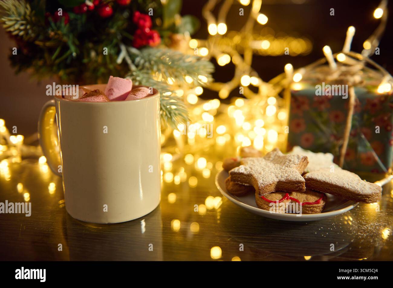 Calda immagine natalizia con cioccolata calda con marshmallow, biscotti a forma di stella e luci scintillanti. L'atmosfera accogliente evoca i festeggiamenti natalizi Foto Stock