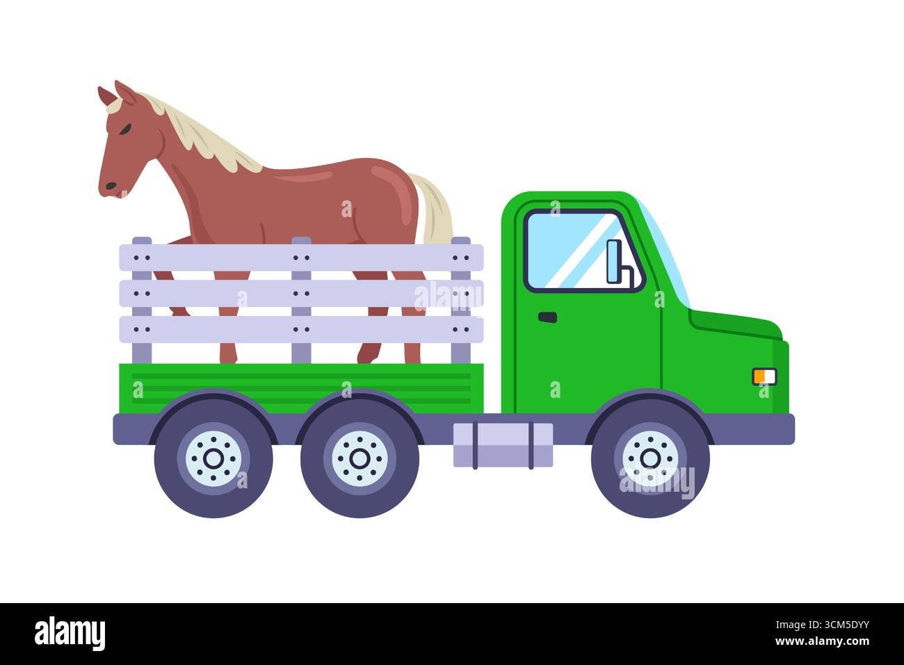 Trasporto di cavalli in camion nella zona rurale. illustrazione piatta. Illustrazione Vettoriale