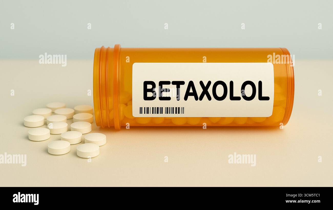 Scatola di BETAXOLOL compresse su un tavolo della farmacia ospedaliera usato per trattare la pressione alta e glaucoma un beta-bloccante. Foto Stock