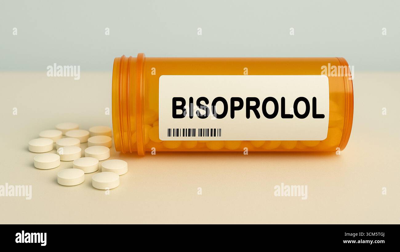 Scatola di compresse DI BISOPROLOLO su un tavolo della farmacia ospedaliera usato per trattare l'ipertensione e l'insufficienza cardiaca un beta-bloccante. Foto Stock
