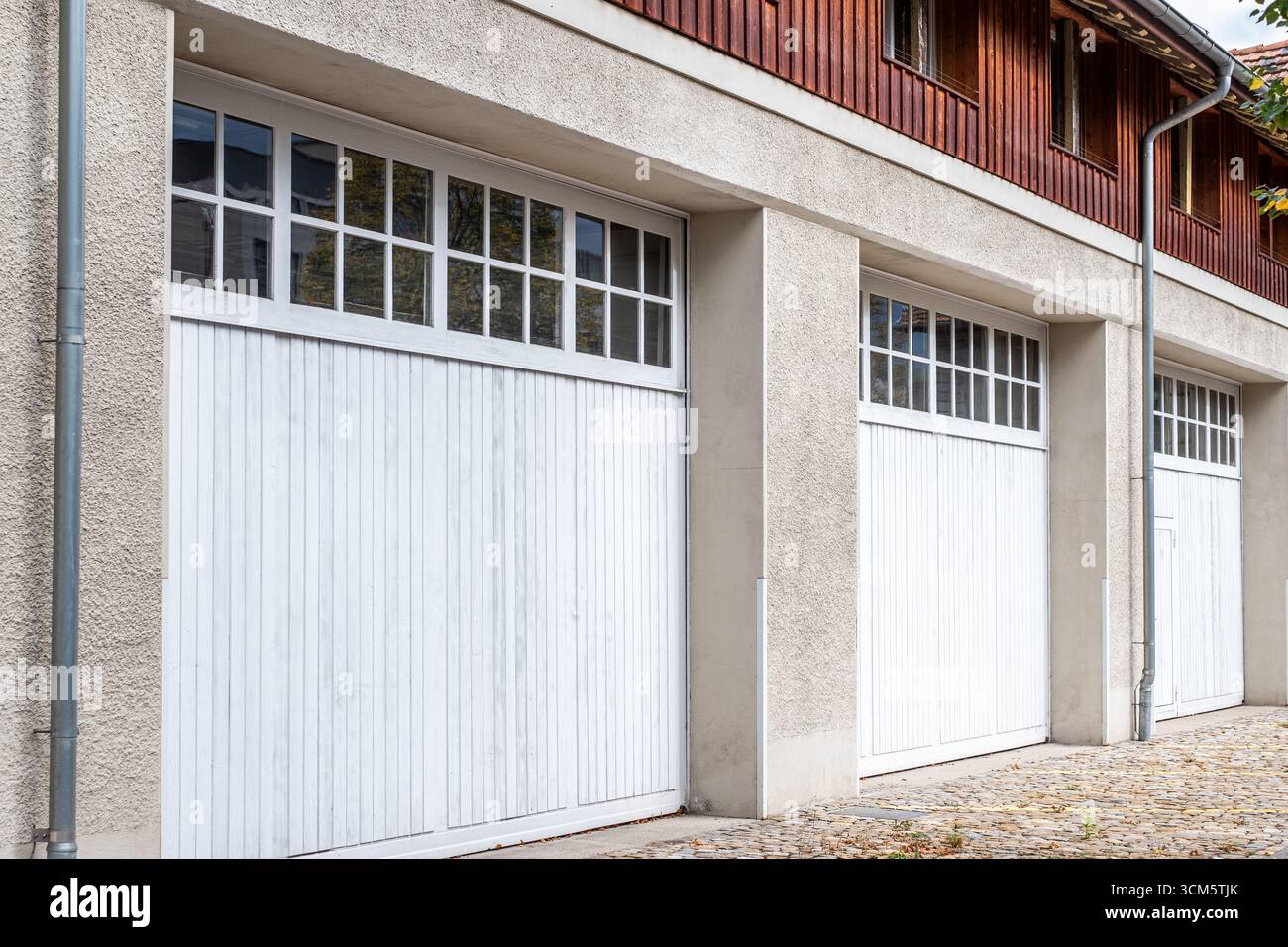 Tre distinte porte bianche per garage con elementi in legno, posizionate su una parete in cemento testurizzato, che mettono in risalto il design architettonico contemporaneo e l'aes Foto Stock