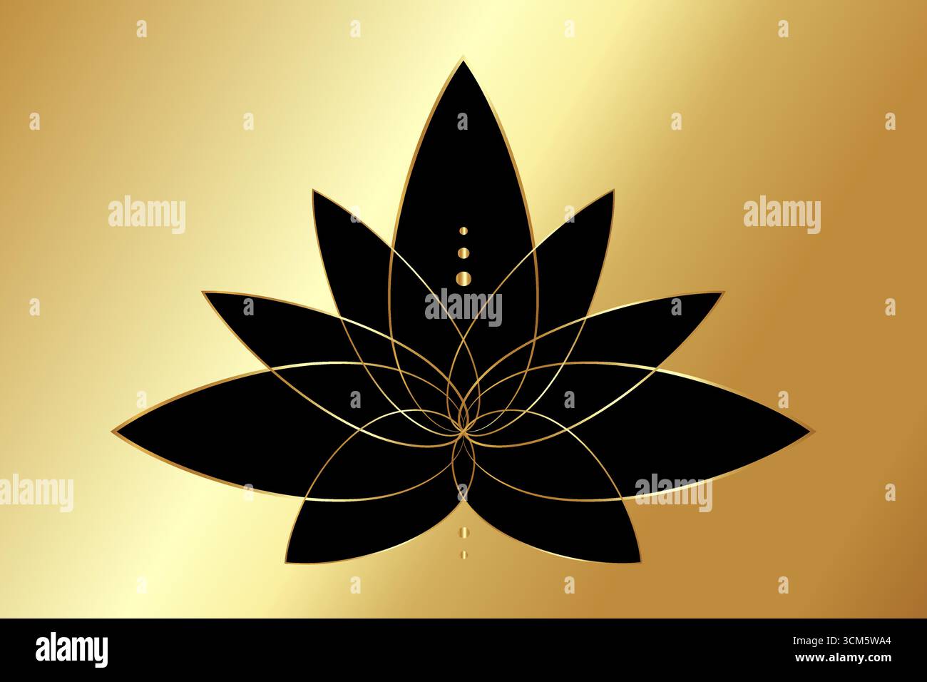 Fiore di loto nero, ornamento floreale color oro line, logo. Sacro simbolo di lusso dello yoga, spa, salone di bellezza, cosmetici, relax, stile del marchio. Vettore Illustrazione Vettoriale