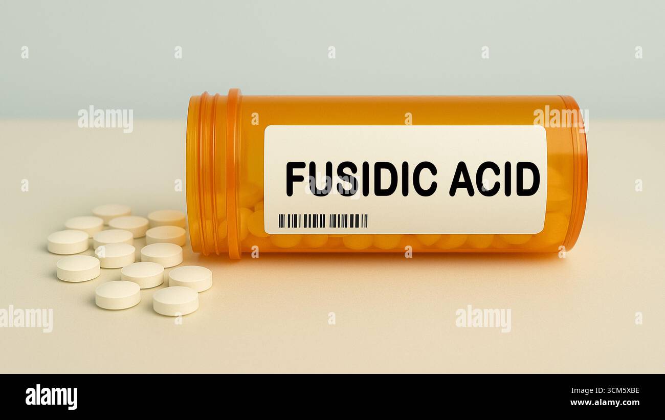 Scatola di compresse DI ACIDO FUSIDICO su un tavolo della farmacia ospedaliera usato per trattare le infezioni batteriche un antibiotico. Foto Stock