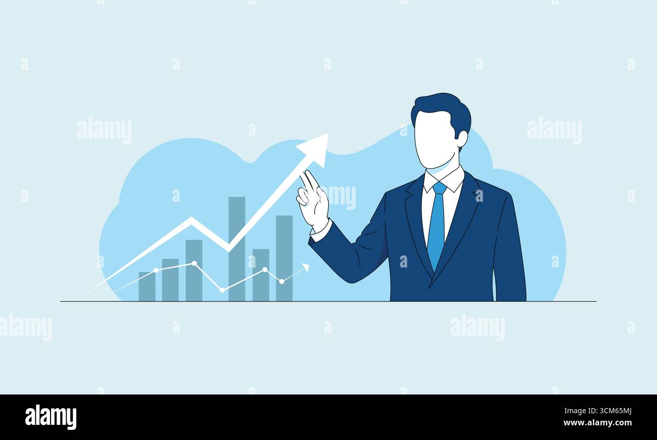 Uomo d'affari che analizza il grafico di crescita finanziaria con frecce di tendenza verso l'alto e grafico a barre per il vettore di successo Illustrazione Vettoriale
