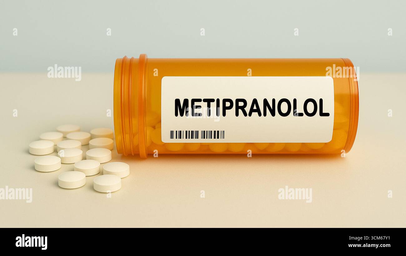 Scatola di METIPRANOLOL compresse su un tavolo della farmacia ospedaliera usato per abbassare la pressione oculare nel glaucoma un beta-bloccante. Foto Stock