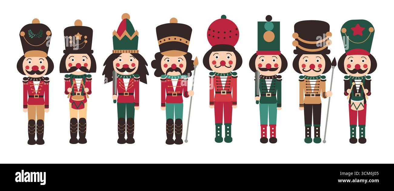 Set di clipart natalizi dei soldati dello Schiaccianoci. Christmas Nutcrackers giocattolo soldato clip art disegnando la collezione di elementi decorativi indossando un cappello colorato Illustrazione Vettoriale