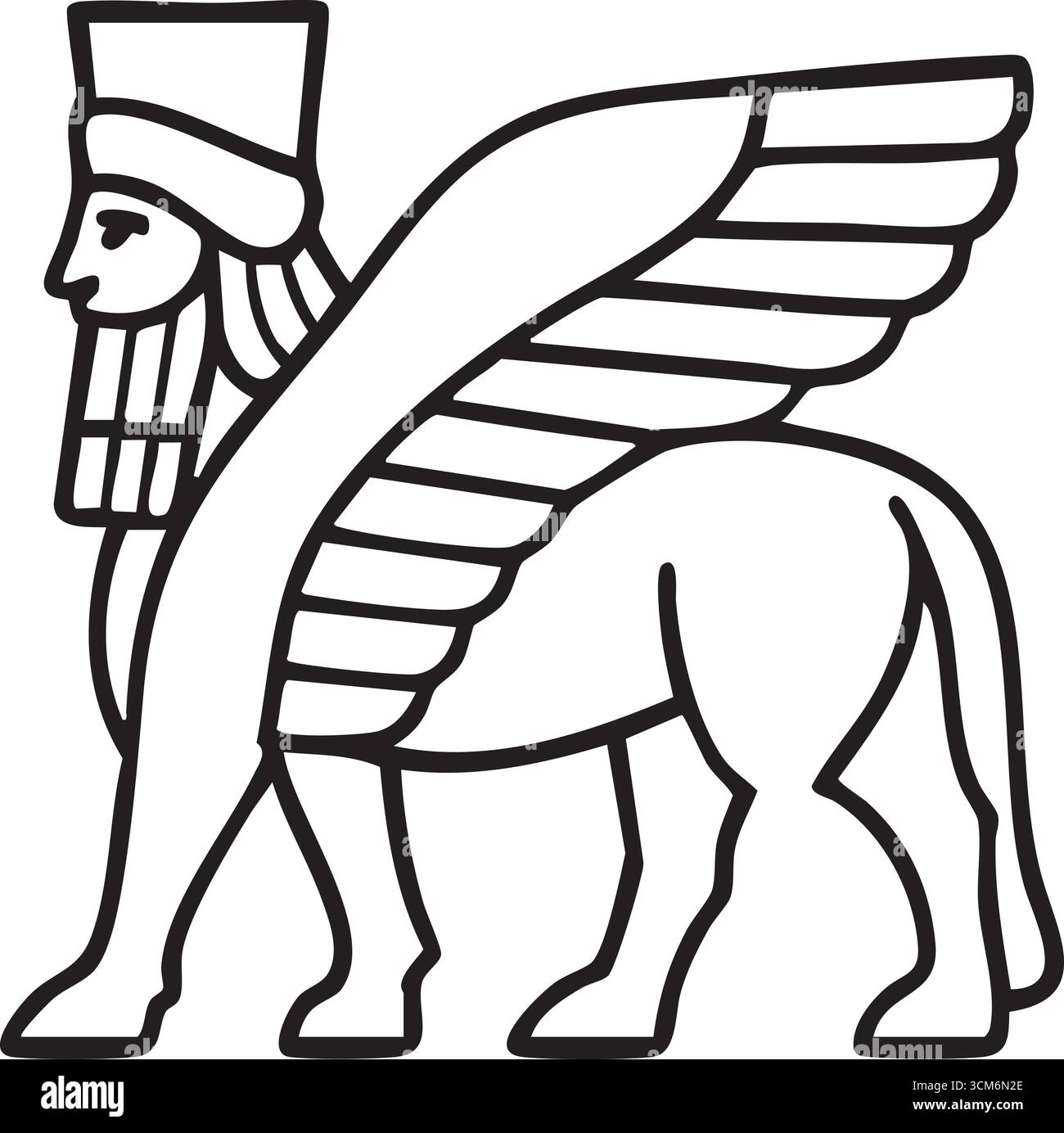 Un leone alato dalla testa umana disegnato con un contorno audace ispirato agli storici rilievi mesopotamici Illustrazione Vettoriale