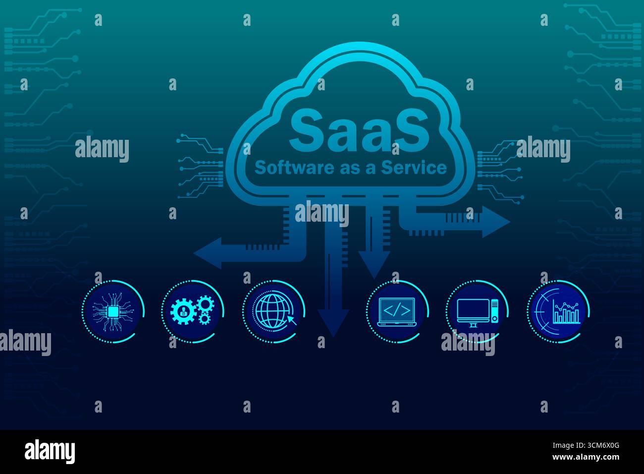 Illustrazione astratta del cloud computing SaaS con icone tecnologiche e background della rete digitale. Concetto di software as a service, piattaforma online, Foto Stock