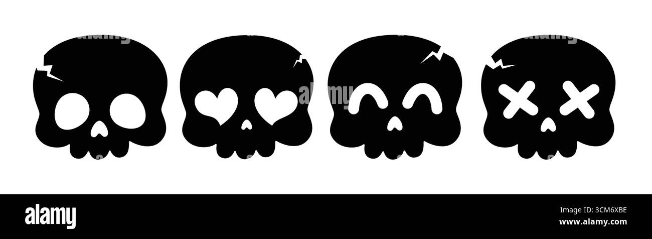 Set clipart icona silhouette cranio. Clip art di silhouette del teschio di Halloween in una collezione di volti spaventosi, spaventosi, divertenti e carini, simbolo dell'osso umano nero Illustrazione Vettoriale