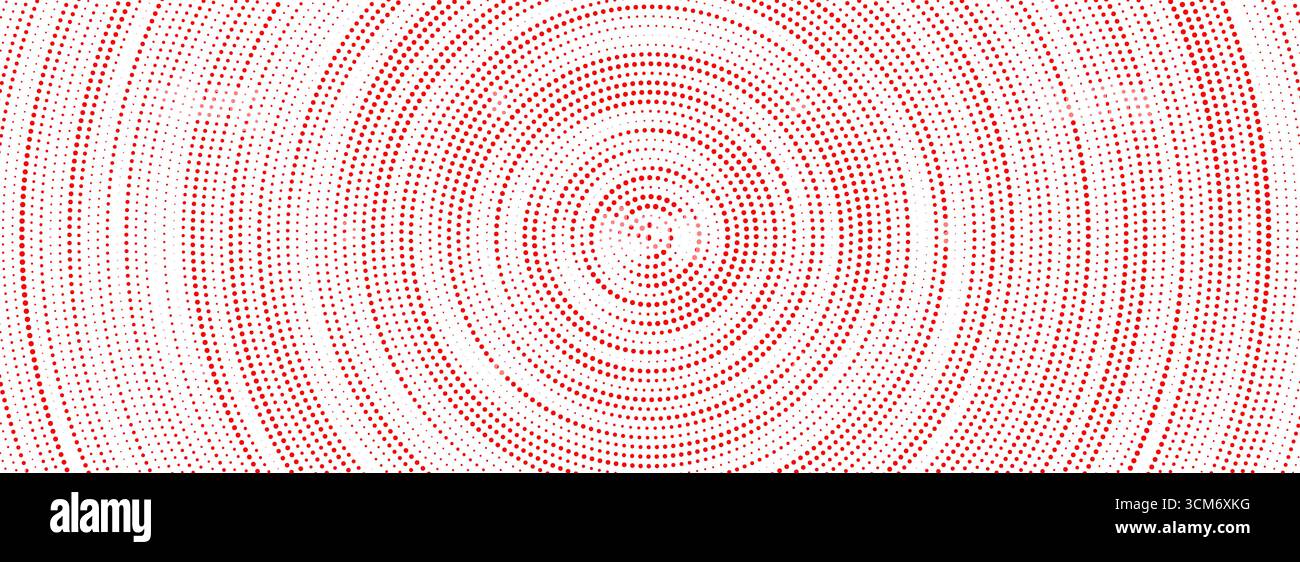 Sfondo cerchio concentrico con mezzitoni rossi. Texture sfumata radiale tratteggiata. Sfondo dell'anello ondulato sonoro ondulato. Sfondo ruvido rasterizzato vettoriale per epicentro, target, segnale radar, concetto di vibrazione Illustrazione Vettoriale