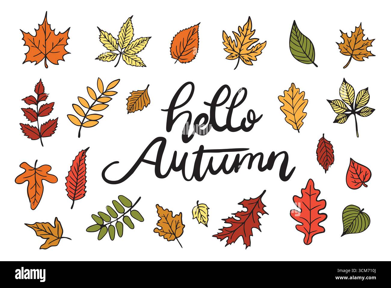Illustrazione disegnata a mano di colorate foglie autunnali di varie forme e dimensioni, che circondano l'accogliente scritta "ciao Autunno", perfetta per la stagione Illustrazione Vettoriale
