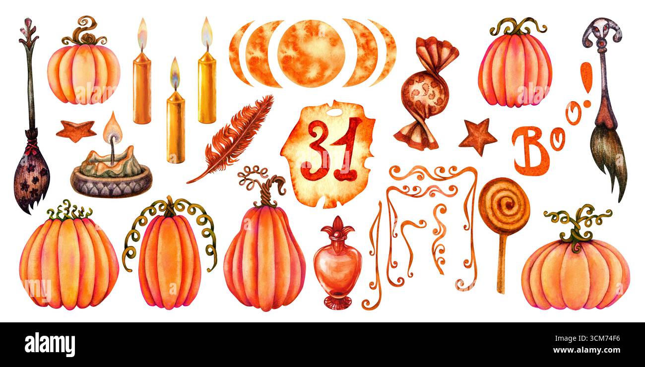 Acquerello Halloween, Magic Clipart set con cristalli e zucche, caramelle, scope e candele, fasi lunari, rotoli, pozione, candele, simboli magici Foto Stock Acquerello Halloween, Magic Clipart set con cristalli e zucche, caramelle, scope e candele, fasi lunari, rotoli, pozione, candele, simboli magici Foto Stock
