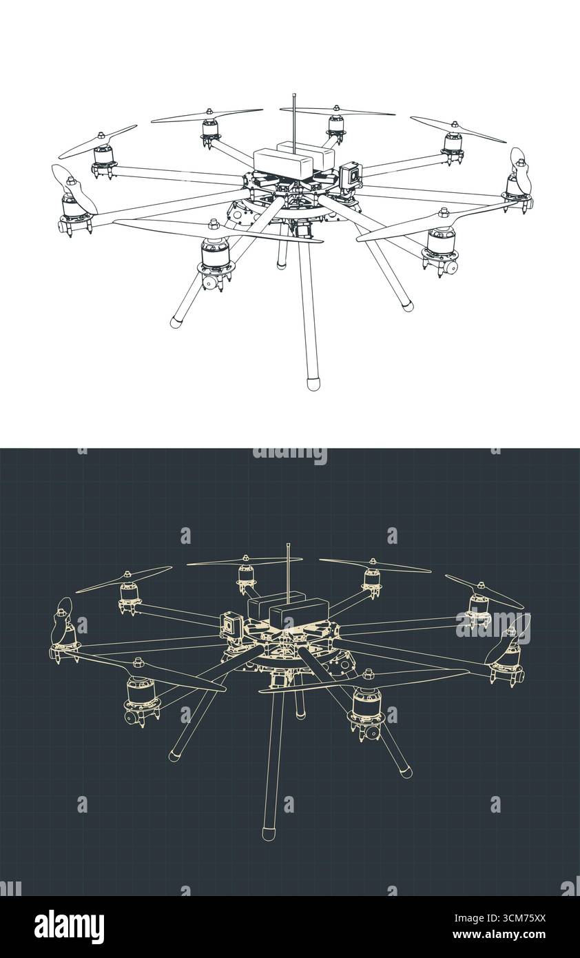 Disegni di octocopter drone illustrazioni vettoriali stilizzate Illustrazione Vettoriale