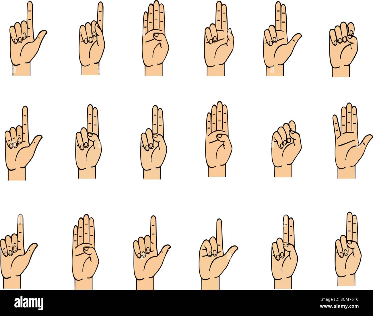 Questa illustrazione completa presenta una serie di gesti delle mani che rappresentano varie lettere nel linguaggio dei segni. Il design chiaro e informativo è Illustrazione Vettoriale