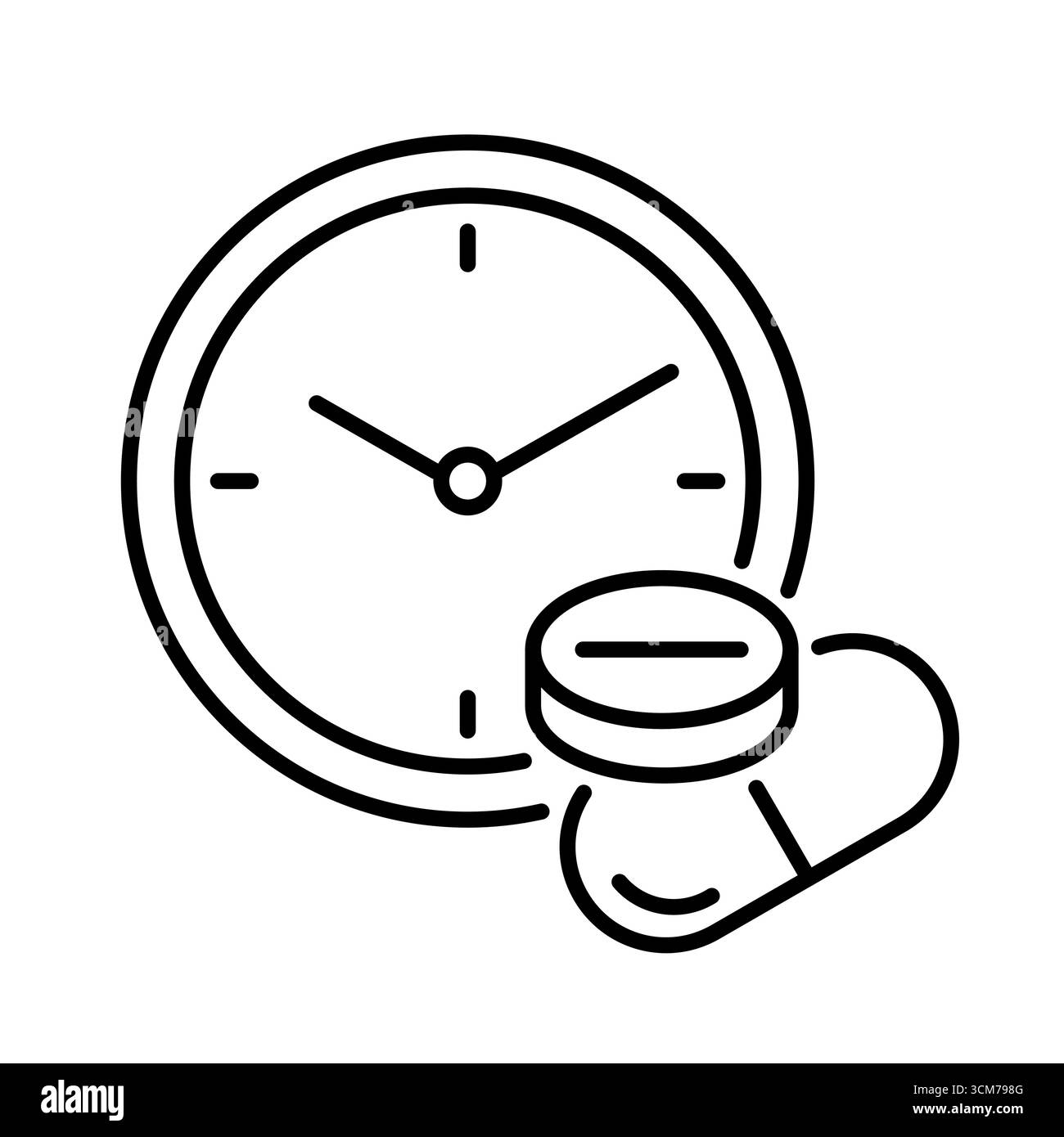 Icona linea orologio e pillola. Simbolo tempo di assunzione del farmaco. Programma di trattamento, promemoria di prescrizione, tempistica dei farmaci, assistenza sanitaria. Vettore di gestione del dosaggio Illustrazione Vettoriale