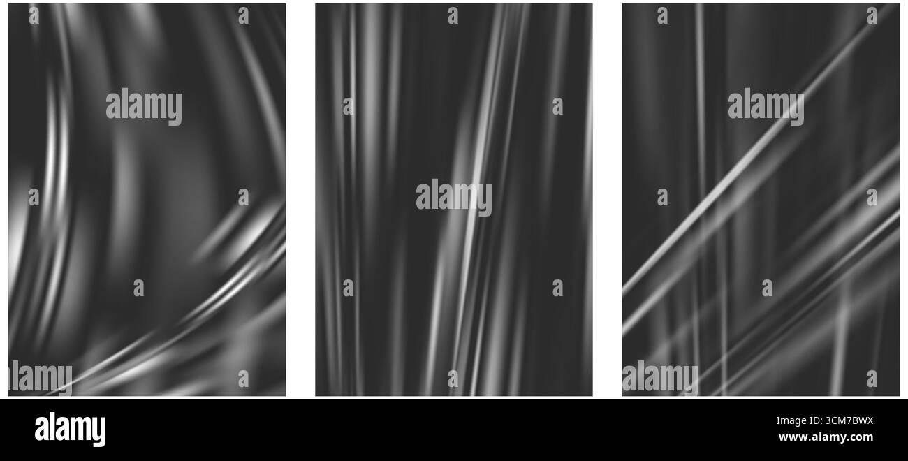 Pellicola trasparente per avvolgimento in plastica. Confezione in vinile trasparente con grinze su sfondo nero. Copertura con rivestimento in lamina. Materiale di deformazione pvc vettoriale Illustrazione Vettoriale