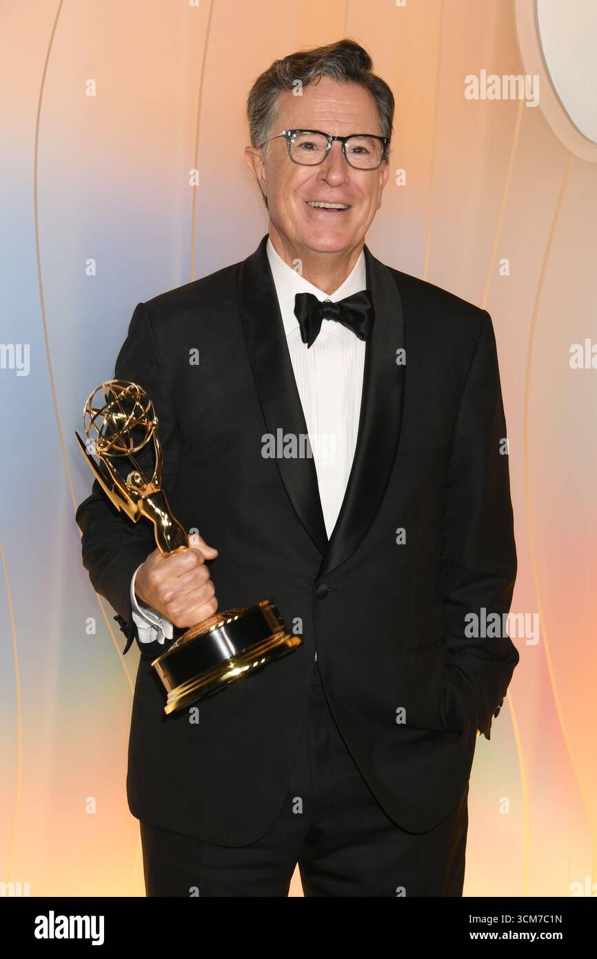 West Hollywood, circa 14 settembre 2025. Stephen Colbert all'Apple TV Primetime Emmy Party a Ysabel a West Hollywood, California, il 14 settembre 2025. Crediti: Jeffrey Mayer/Media Punch/Alamy Live News Foto Stock