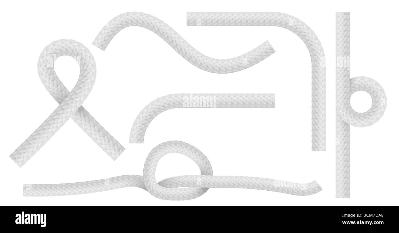 Collezione di corde bianche con design a nodo e cordoncino intrecciato per uso nautico o decorativo. Fibra intrecciata con anse, curve e sezioni dritte con trama intrecciata. Elementi di cordaggio marini per la navigazione. Illustrazione Vettoriale