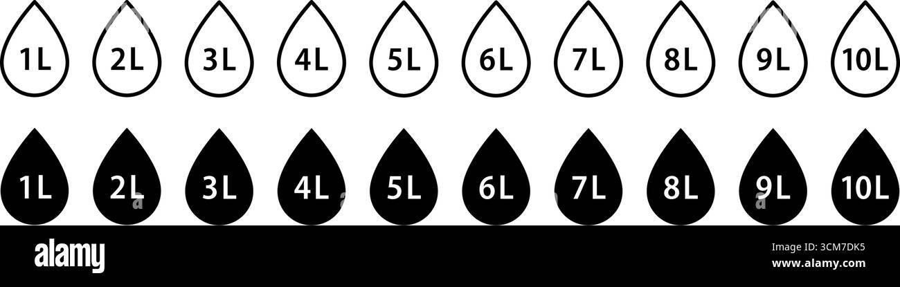 Simbolo del volume d'acqua da 1 a 10 litri. Set icone capacità liquido. Icona della linea di gocciolamento dell'acqua. Volume del fluido. Segno L. Incrostazioni per liquidi. Illustrazione vettoriale Illustrazione Vettoriale