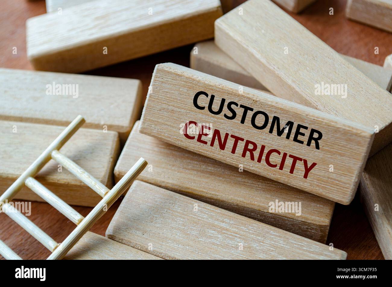 Un blocco di legno ha segnato LA CENTRALITÀ DEL CLIENTE sui gradini delle scale che simboleggiano l'attenzione, la fiducia, la fedeltà e l'impegno Foto Stock