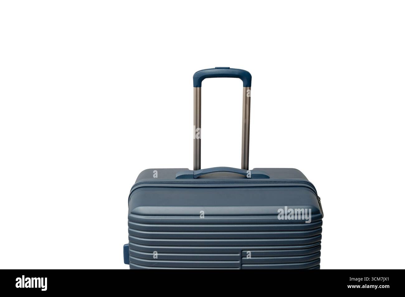 Primo piano di una maniglia per valigia con sistema telescopico esteso. Il design blu garantisce stabilità e presa facile. Valigia da viaggio isolata su backgrou bianco Foto Stock