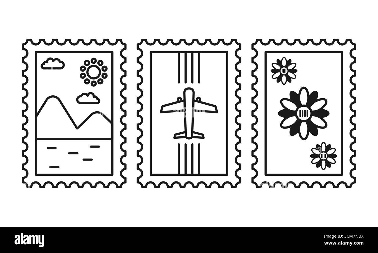 Affrancatura stile contorno con fiori, aeroplani e montagne. Francobolli minimalisti perfetti per i viaggi. Illustrazione Vettoriale