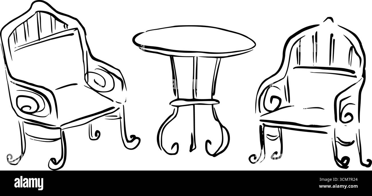 Sedie vintage con tavolino da caffè. Mobili da giardino. Illustrazione grafica vettoriale per progetti vittoriani, riviste, poster, decorazioni romantiche Illustrazione Vettoriale