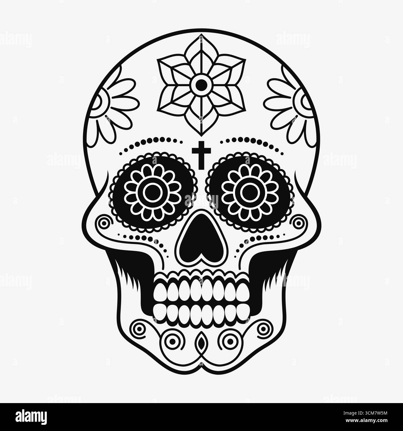 Illustrazione vettoriale dettagliata di un teschio di zucchero messicano tradizionale in bianco e nero Illustrazione Vettoriale