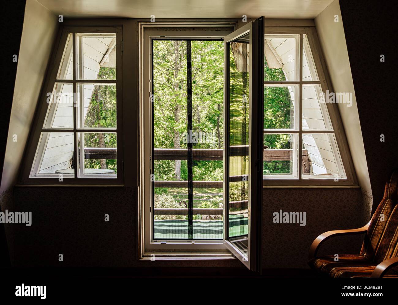 Rete di zanzariere magnetica sulla porta del balcone di casa. Prevenire l'ingresso di insetti in estate. Vista sul cortile dalla camera. Foto Stock
