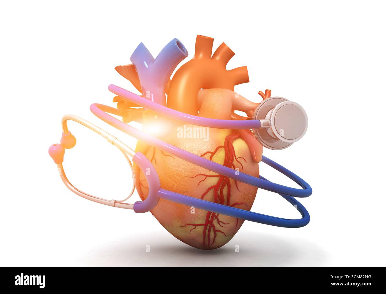 Cuore umano con stetoscopio su sfondo bianco. Concetto di protezione e cura del cuore. illustrazione 3d. Foto Stock
