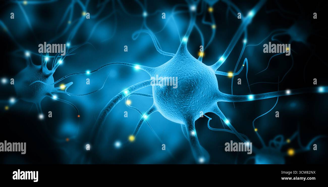 Cella neurone con impulsi elettrici.illustrazione 3d. Foto Stock