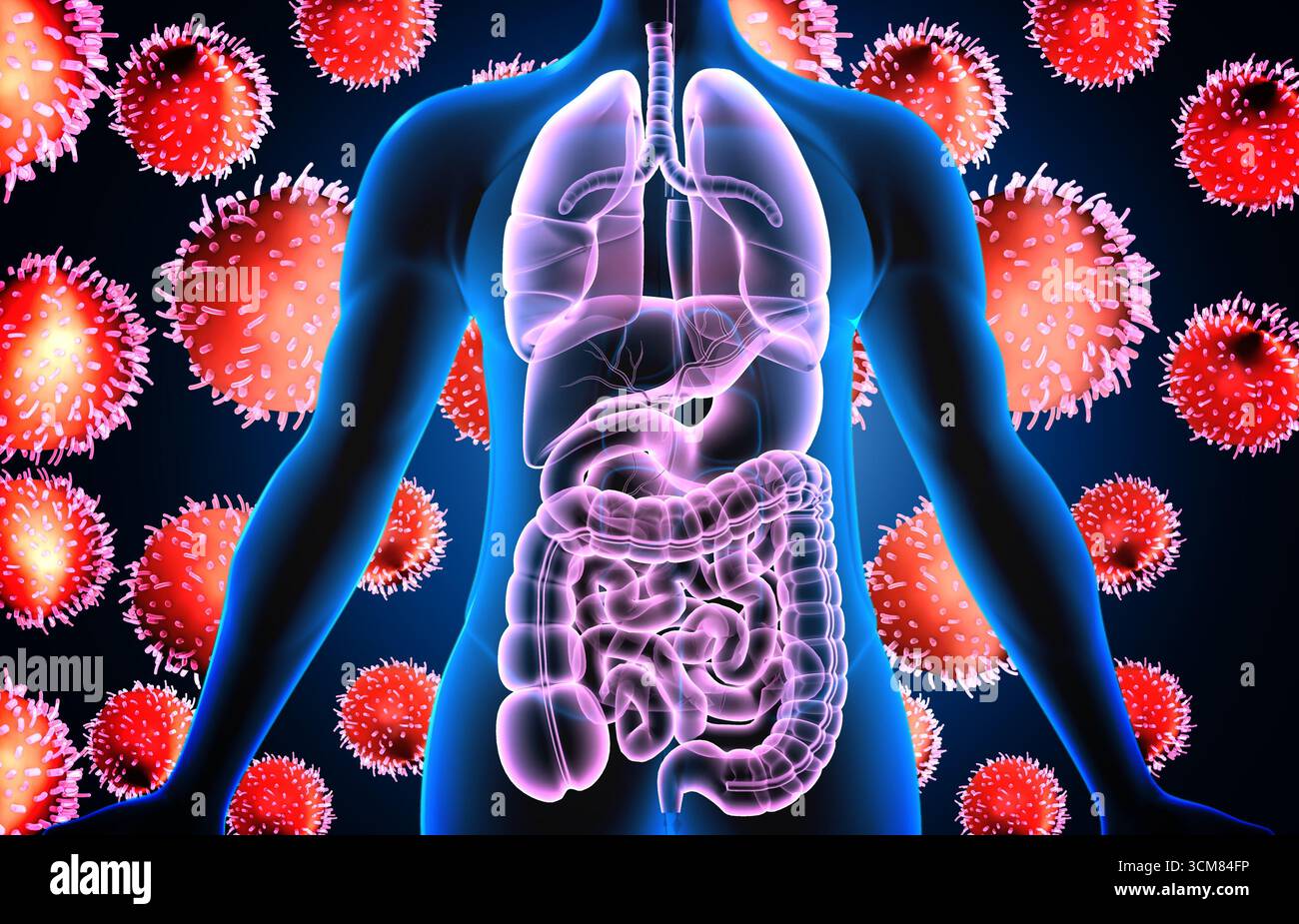 Anatomia del corpo umano con sfondo del virus digestivo sistemico. illustrazione 3d. Foto Stock