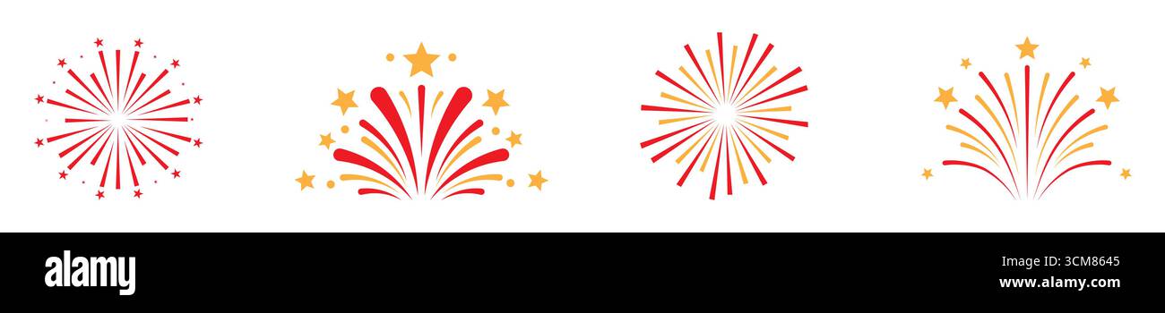 Serie di illustrazioni vettoriali dei fuochi d'artificio. Illustrazione piatta su sfondo bianco. Illustrazione Vettoriale